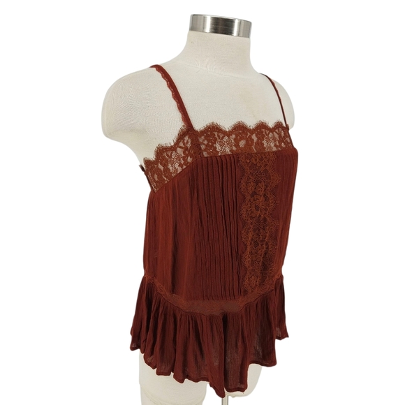 American Eagle Peplum Tank Top Rust Brown Sleeveless Lace Trim Square Neck Shirt - Picture 3 of 8